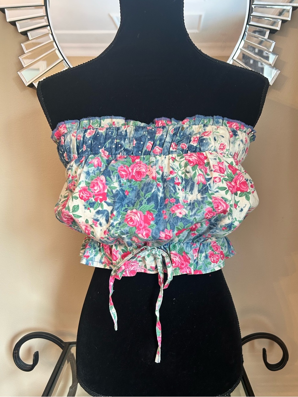 Strapless Floral Smocked Crop Top - Pink & Blue